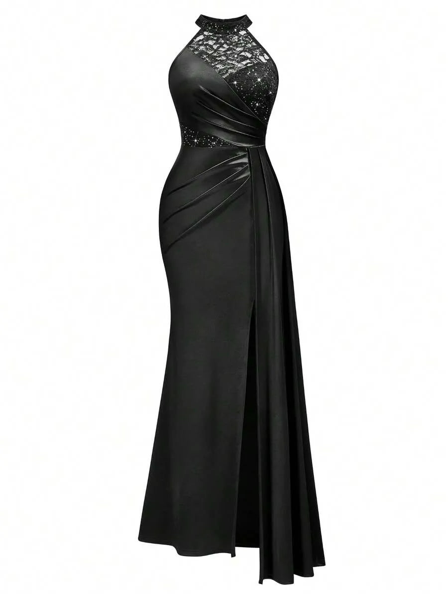 Valentina | Women's Sequin Lace Draped Maxi Evening Dress