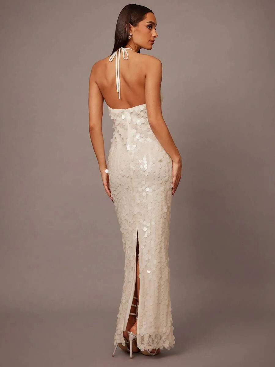 Ivana | Women's Sequin Halter Backless Maxi Dress