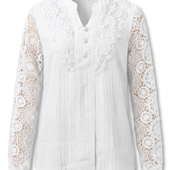 Beatrice women's crochet lace yoke blouse in white on a white background