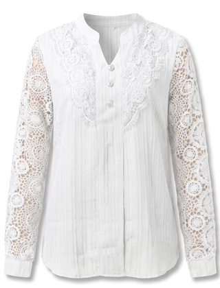 Beatrice women's crochet lace yoke blouse in white on a white background