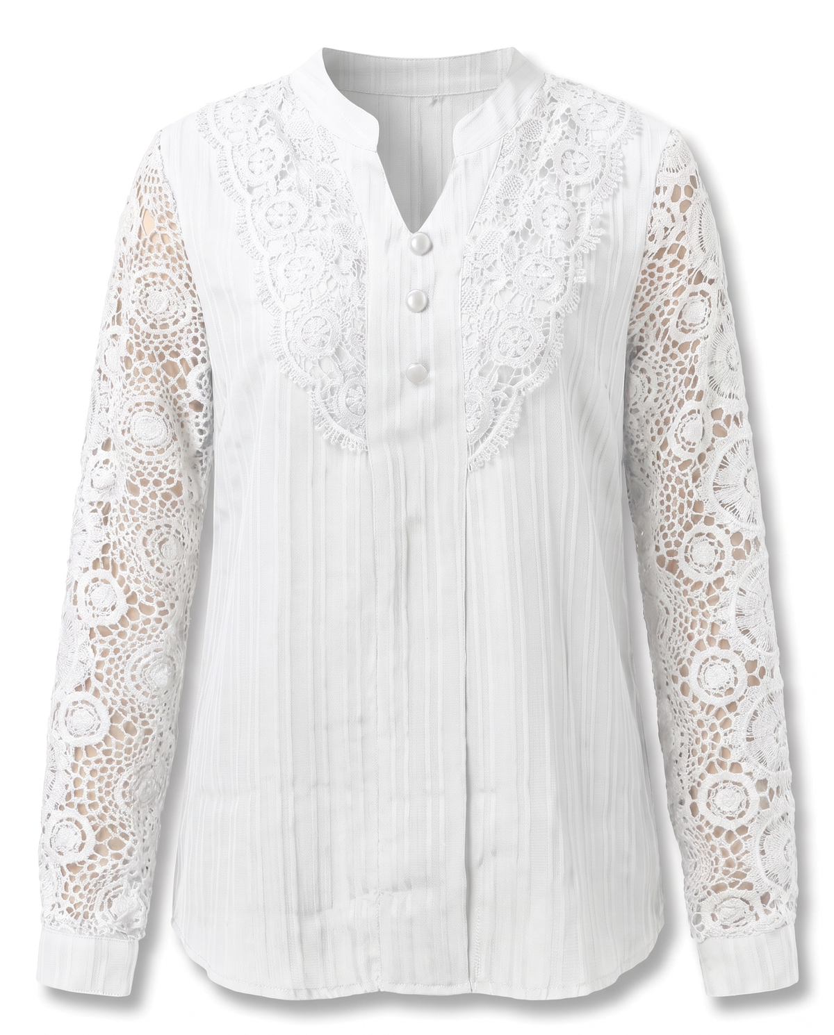 Beatrice women's crochet lace yoke blouse in white on a white background