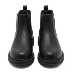 Women's black lug sole Chelsea boots, front view