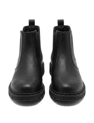 Women's black lug sole Chelsea boots, front view