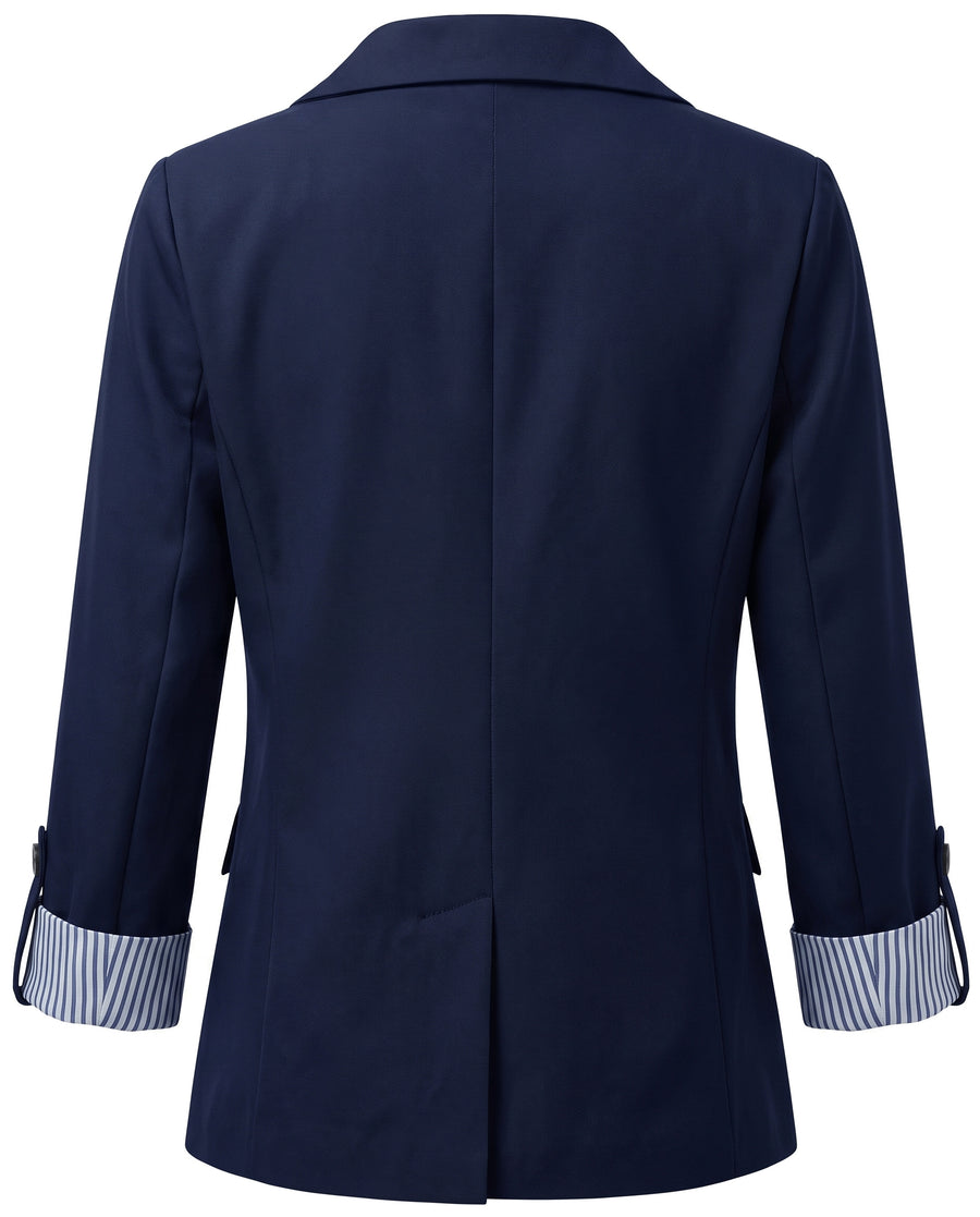 Navy roll tab sleeve blazer back view with centre vent
