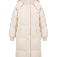 Cream white oversized longline hooded puffer coat, front view