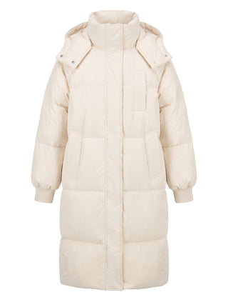 Cream white oversized longline hooded puffer coat, front view