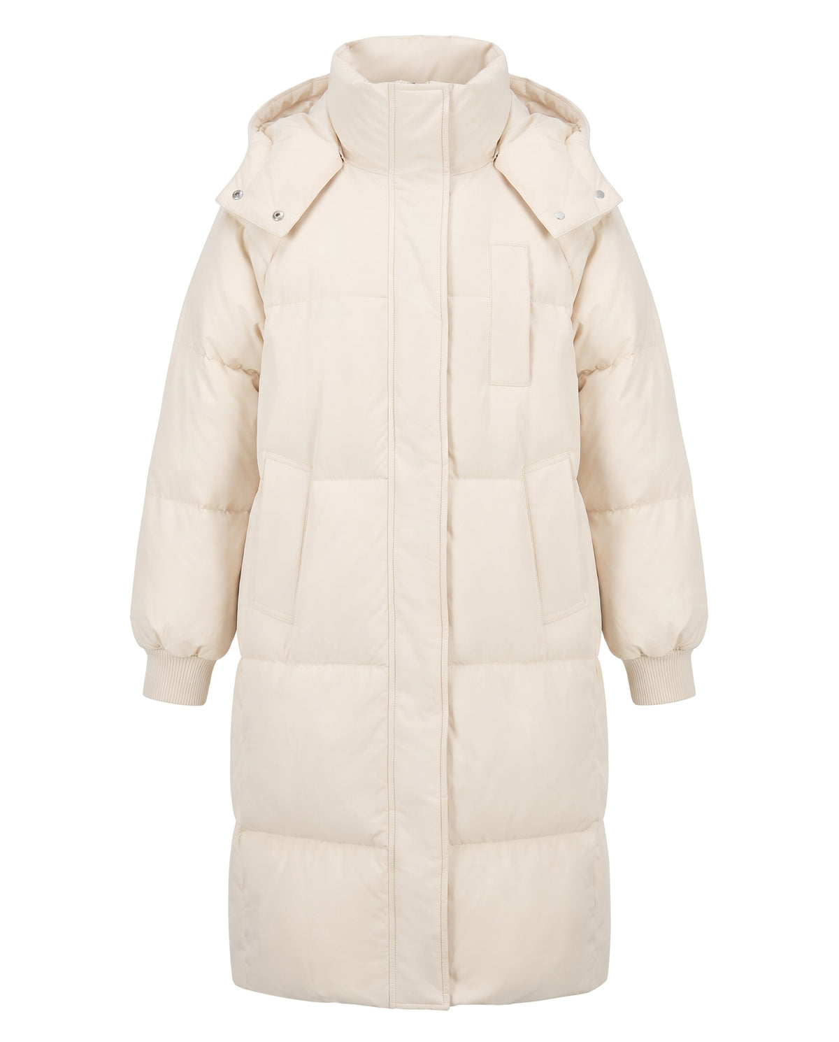 Cream white oversized longline hooded puffer coat, front view