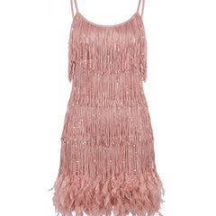 Pink tiered fringe mini dress with feather hem, front view