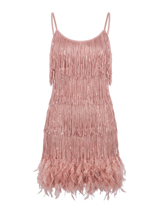Pink tiered fringe mini dress with feather hem, front view