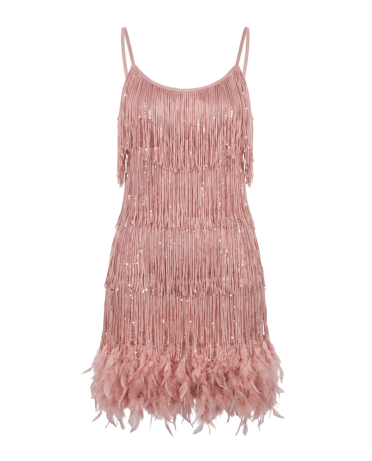 Pink tiered fringe mini dress with feather hem, front view