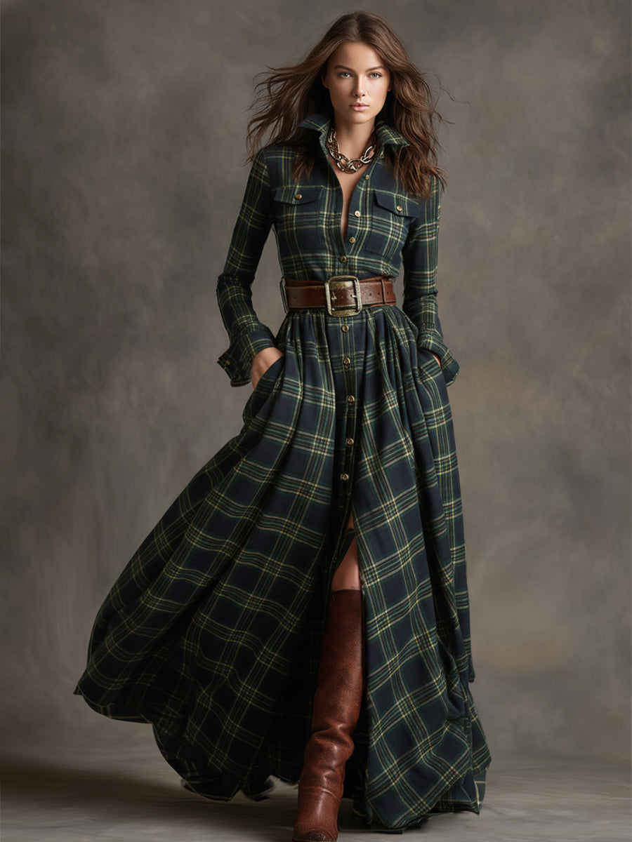 Rosalind | Women's Plaid Lapel Maxi Dress