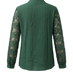 Back view of the green blouse showing the plain back and crochet lace sleeves
