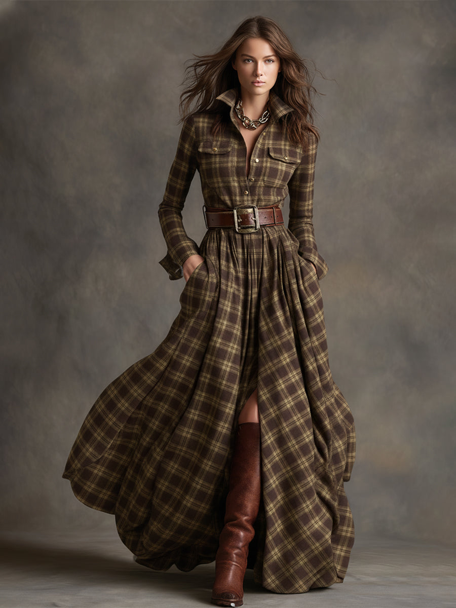 Rosalind | Women's Plaid Lapel Maxi Dress