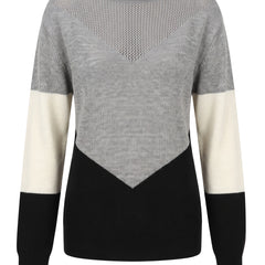 Women's color block boat neck pointelle knit sweater in black, grey and cream, front view