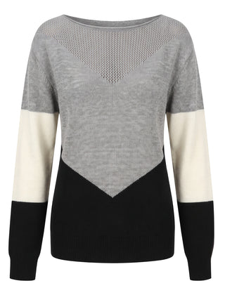 Women's color block boat neck pointelle knit sweater in black, grey and cream, front view