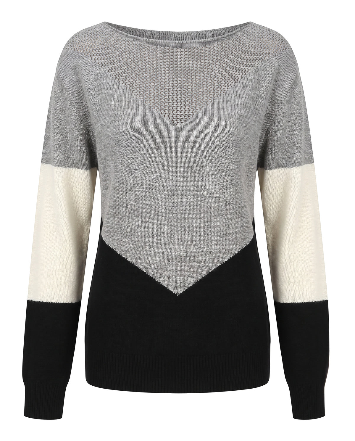 Women's color block boat neck pointelle knit sweater in black, grey and cream, front view