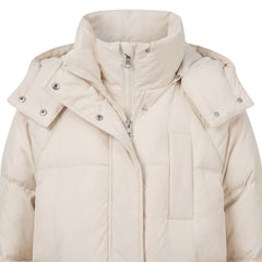 Close-up of the stand collar, snap-off hood buttons and two-way zipper