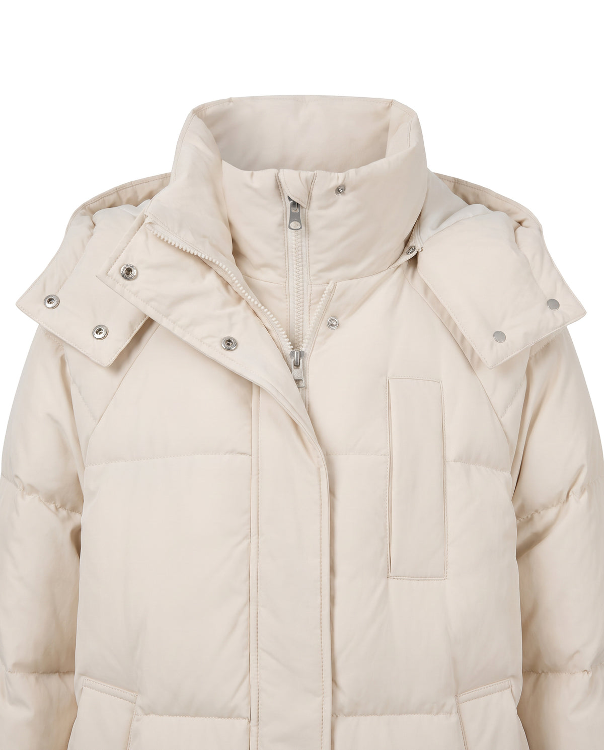 Close-up of the stand collar, snap-off hood buttons and two-way zipper