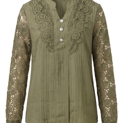 Beatrice women's crochet lace yoke blouse in khaki on a white background