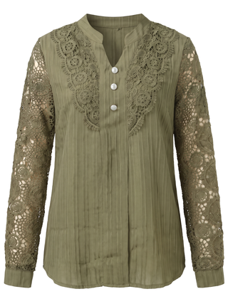 Beatrice women's crochet lace yoke blouse in khaki on a white background