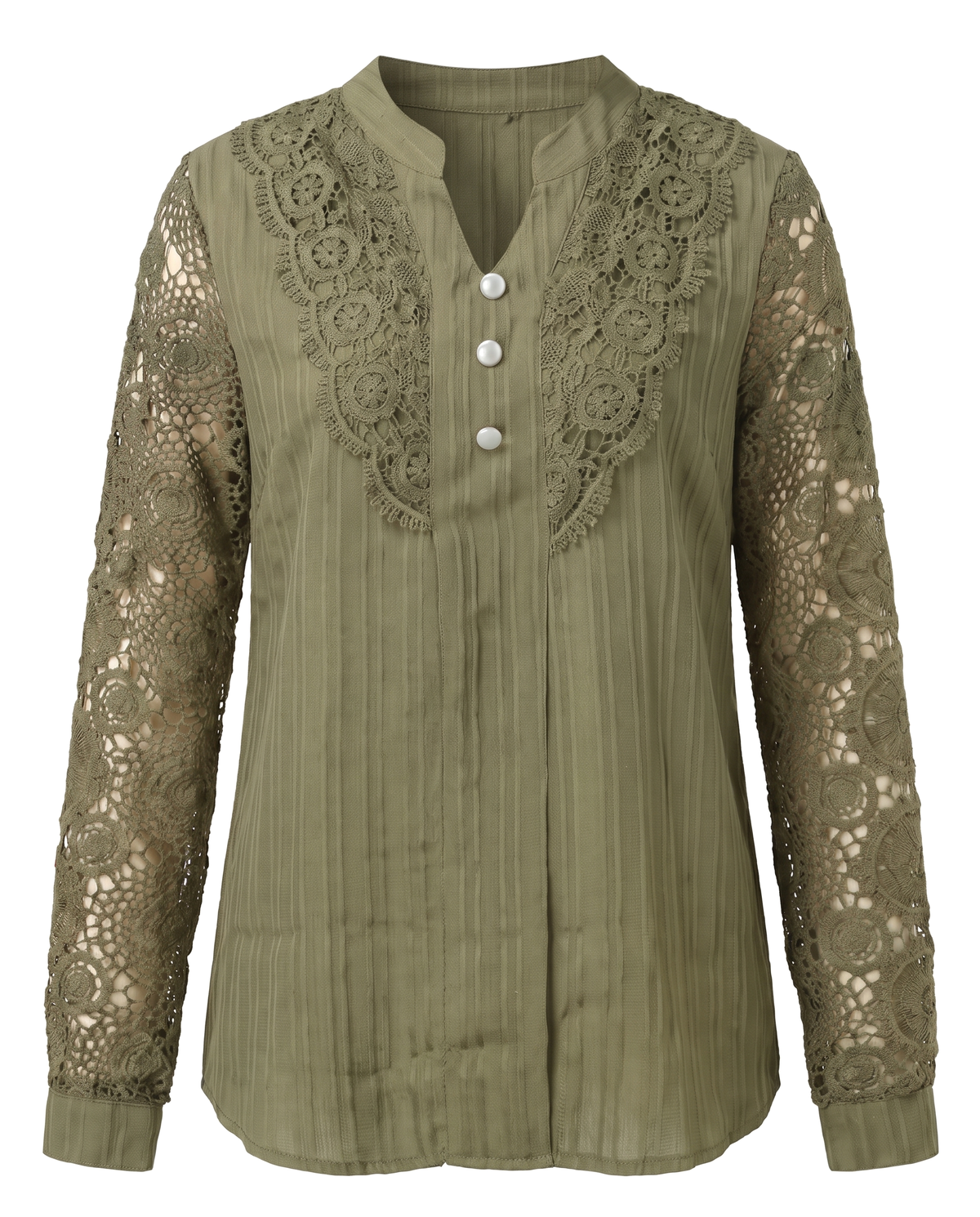 Beatrice women's crochet lace yoke blouse in khaki on a white background