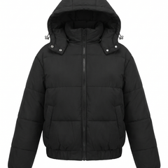 Black hooded puffer jacket for women, front view with hood up