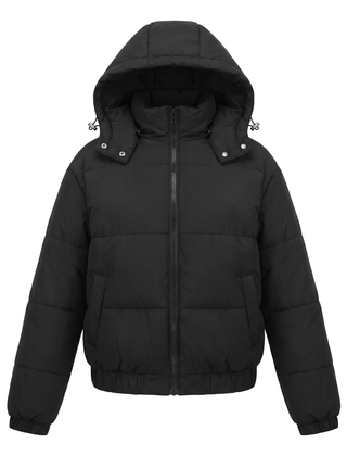 Black hooded puffer jacket for women, front view with hood up