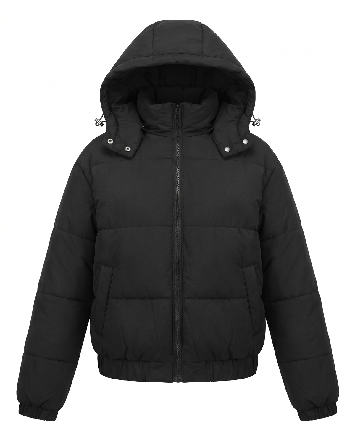 Black hooded puffer jacket for women, front view with hood up