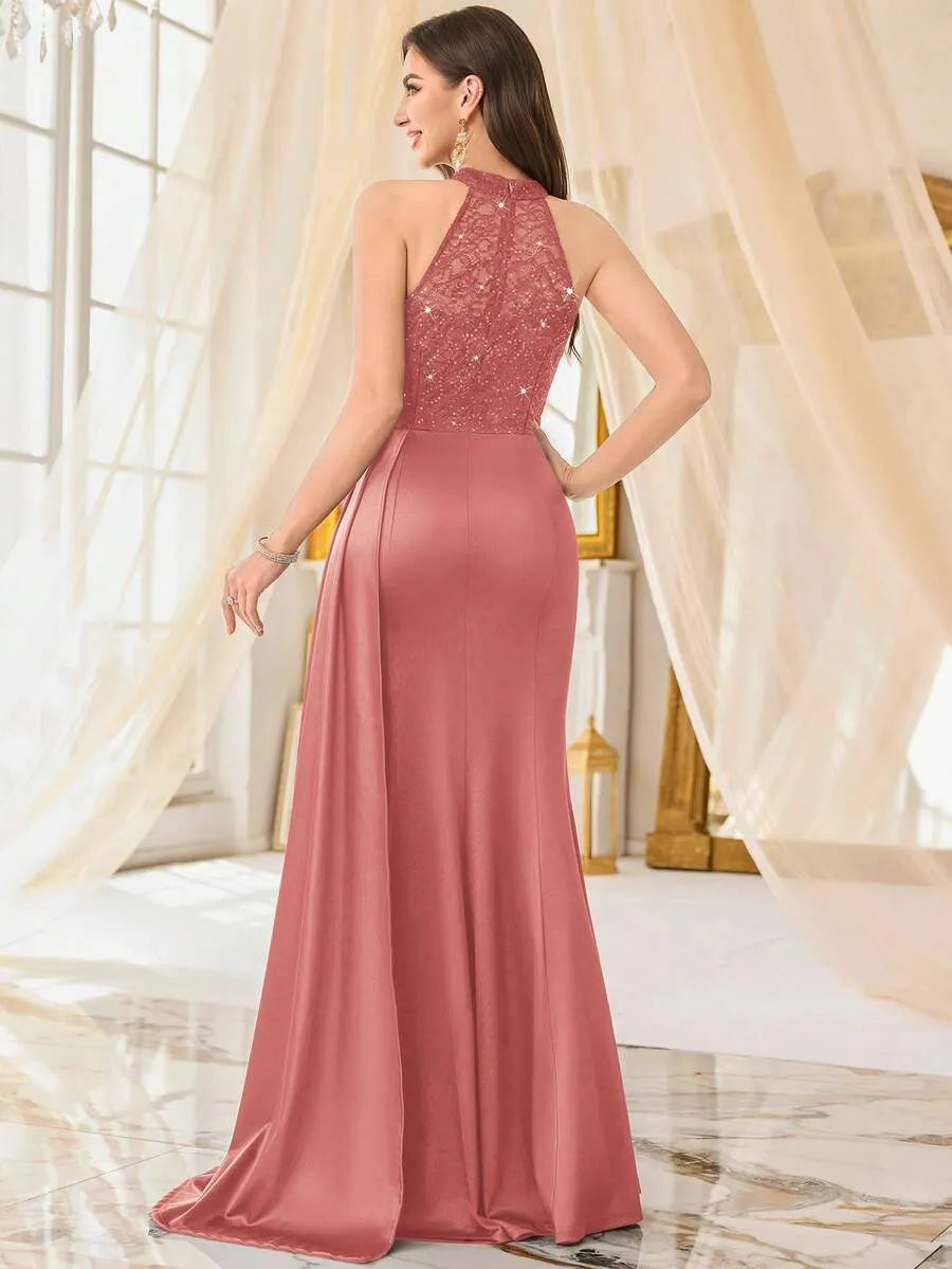 Valentina | Women's Sequin Lace Draped Maxi Evening Dress