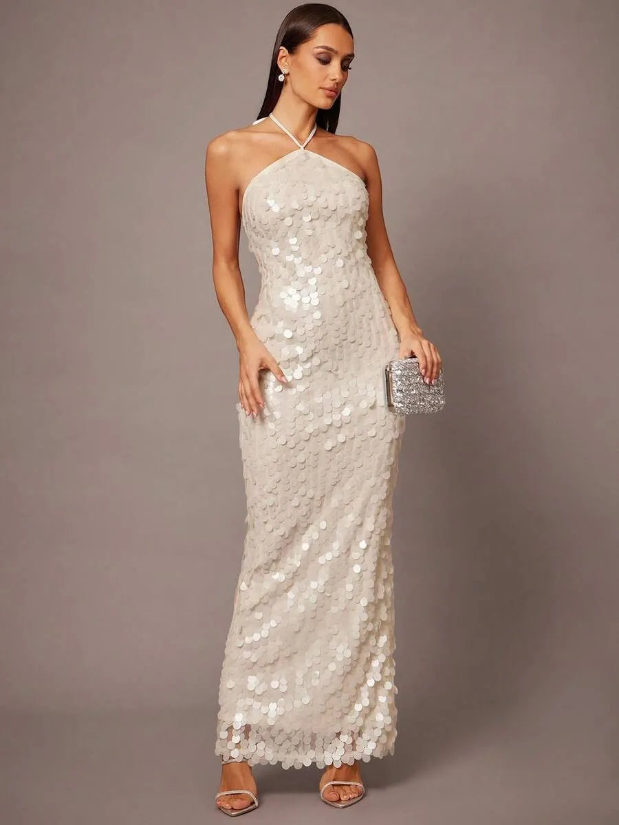 Ivana | Women's Sequin Halter Backless Maxi Dress