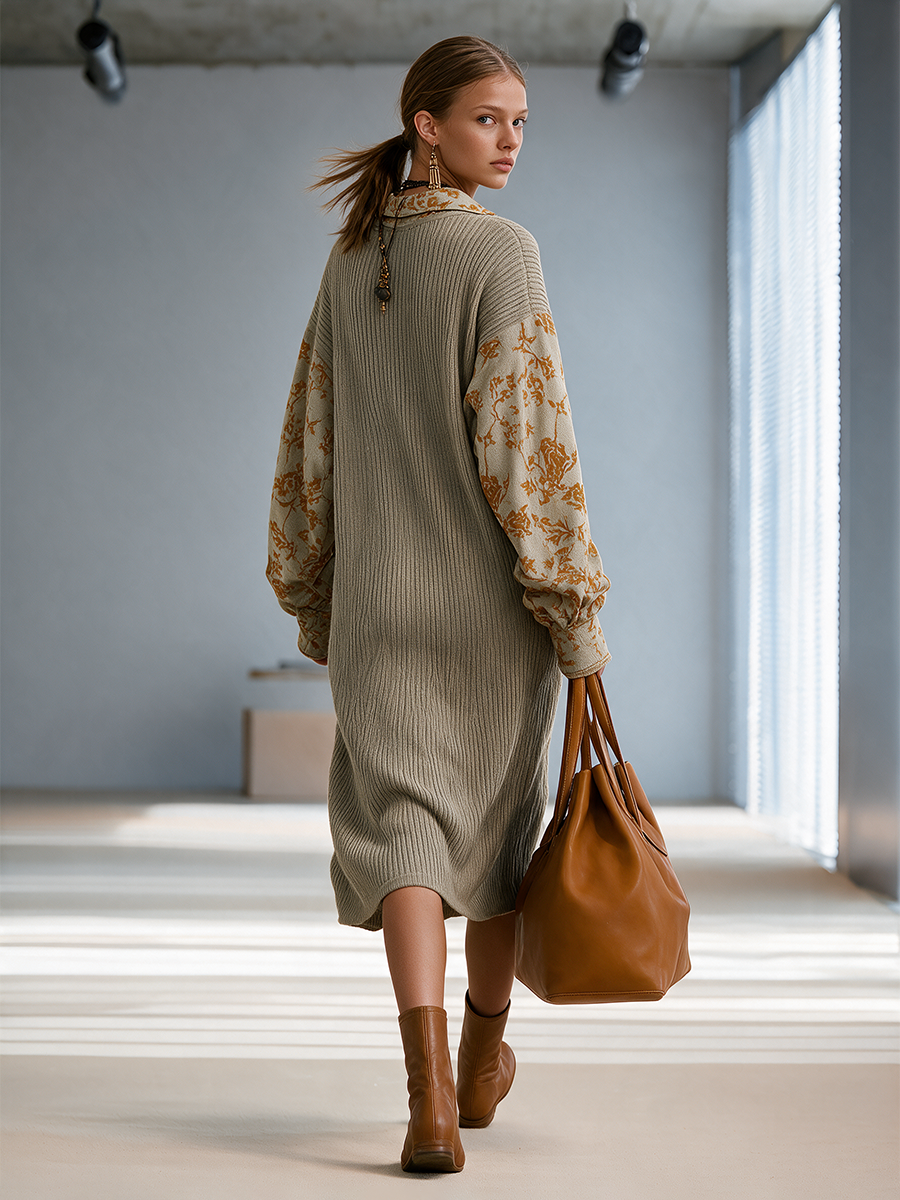 Marguerite | Women's Floral-Paneled Balloon-Sleeve Knit Midi Dress