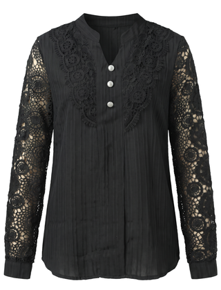 Beatrice women's crochet lace yoke blouse in black on a white background