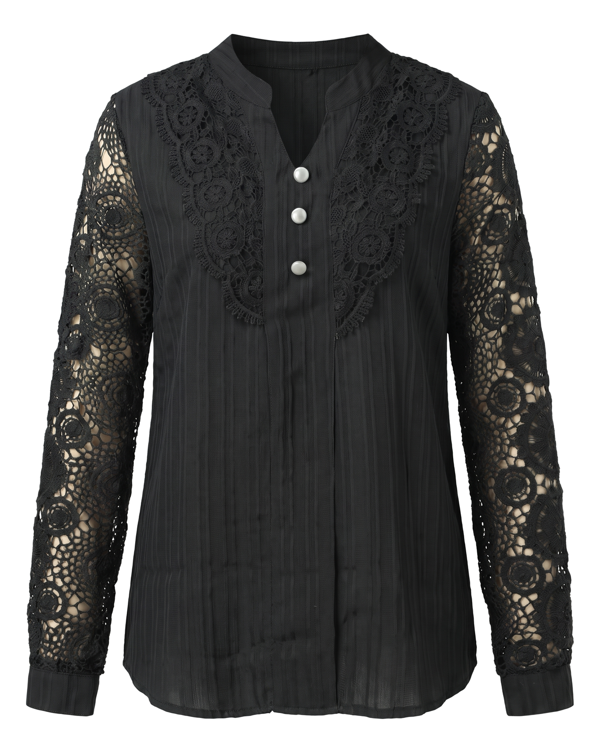 Beatrice women's crochet lace yoke blouse in black on a white background
