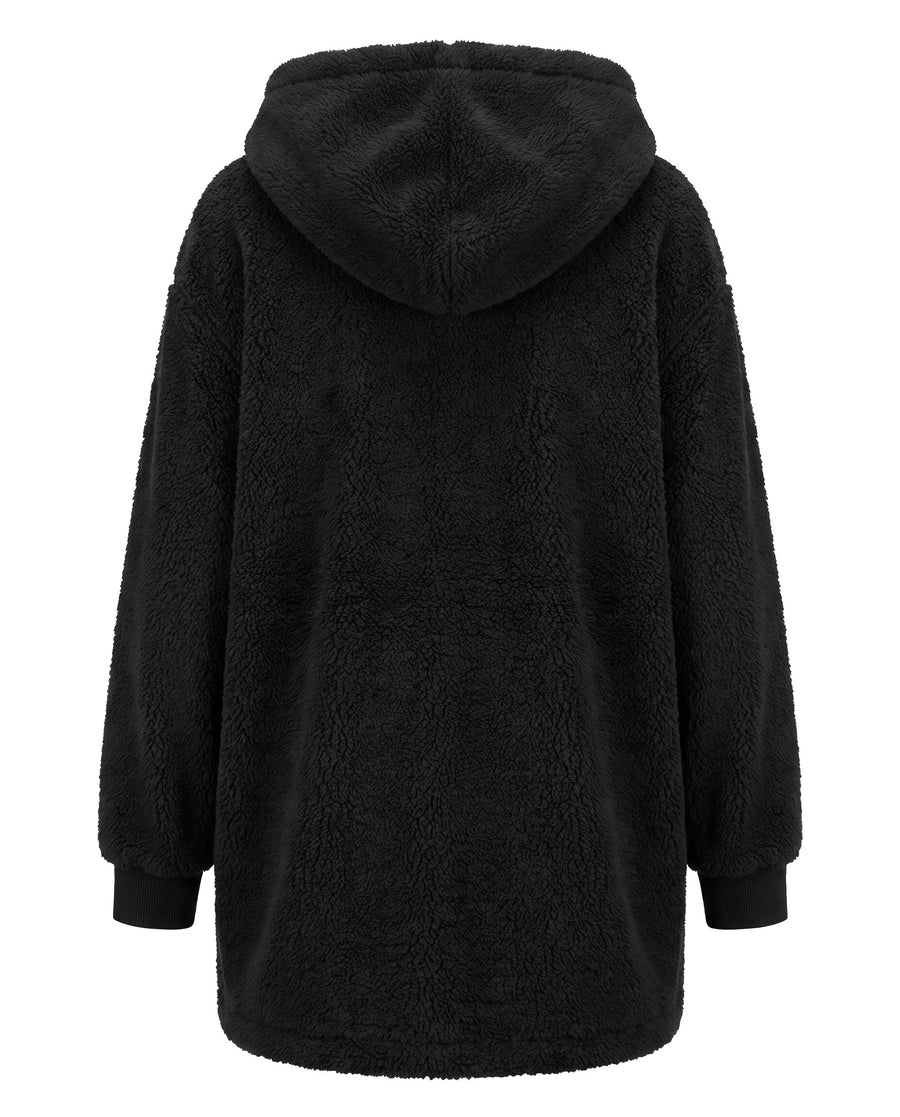 Women's oversized longline teddy fleece hooded zip jacket in black, back view