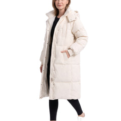 Model wearing the cream white longline hooded puffer coat, three-quarter view