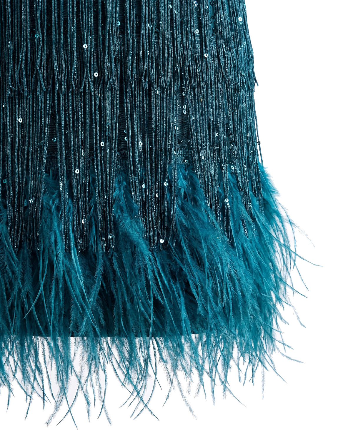Close-up of the sequin fringe strands and the feather hem trim
