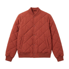 Red diamond quilted button front bomber jacket, front view