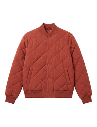 Red diamond quilted button front bomber jacket, front view