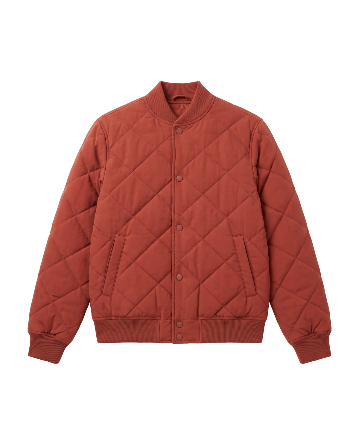 Red diamond quilted button front bomber jacket, front view