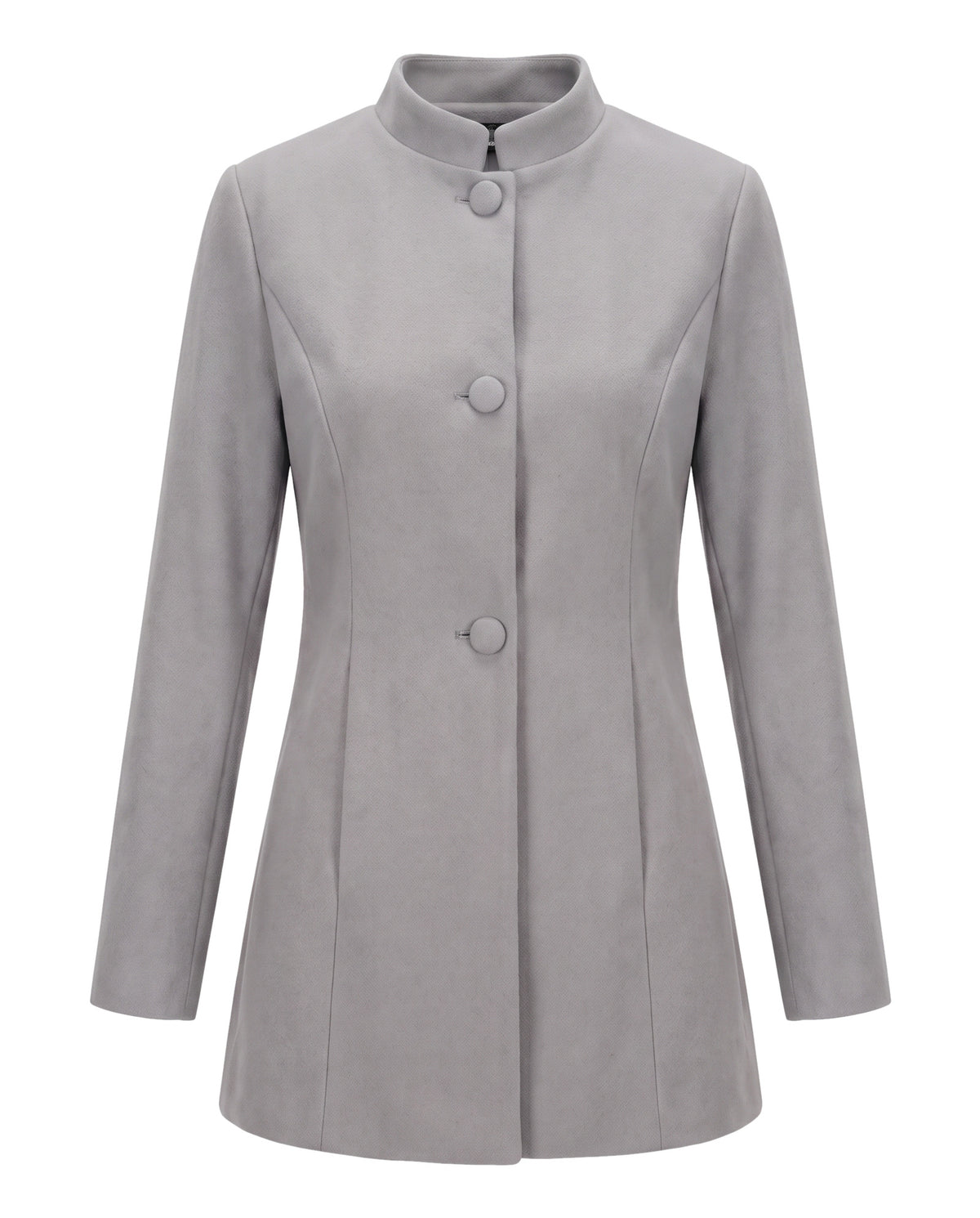Women's stand collar coat in grey, front view