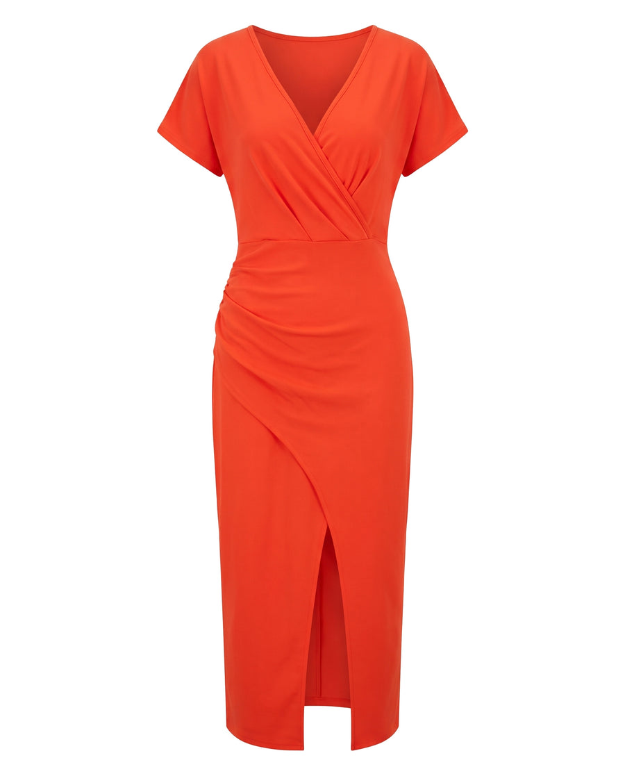 Orange red surplice V-neck ruched wrap midi dress with front slit, front view