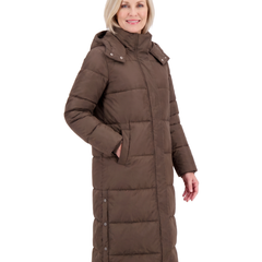 Model wearing the caffe brown long hooded puffer coat, three-quarter pose
