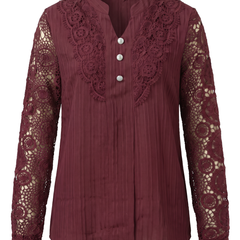 Beatrice women's crochet lace yoke blouse in burgundy on a white background