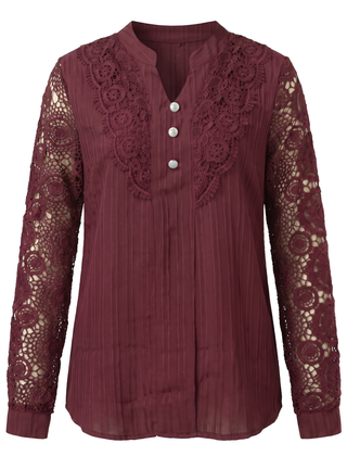 Beatrice women's crochet lace yoke blouse in burgundy on a white background