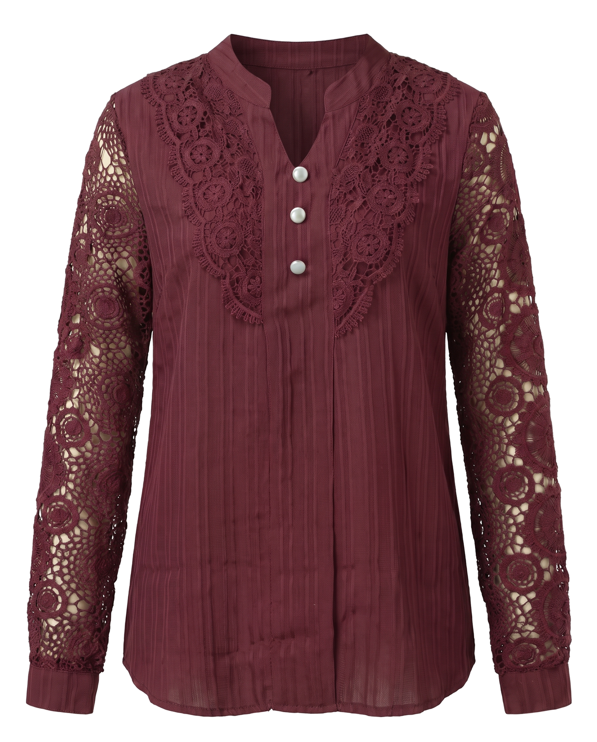 Beatrice women's crochet lace yoke blouse in burgundy on a white background