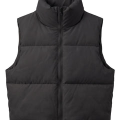 Black cropped puffer vest, front view