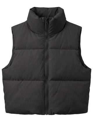 Black cropped puffer vest, front view