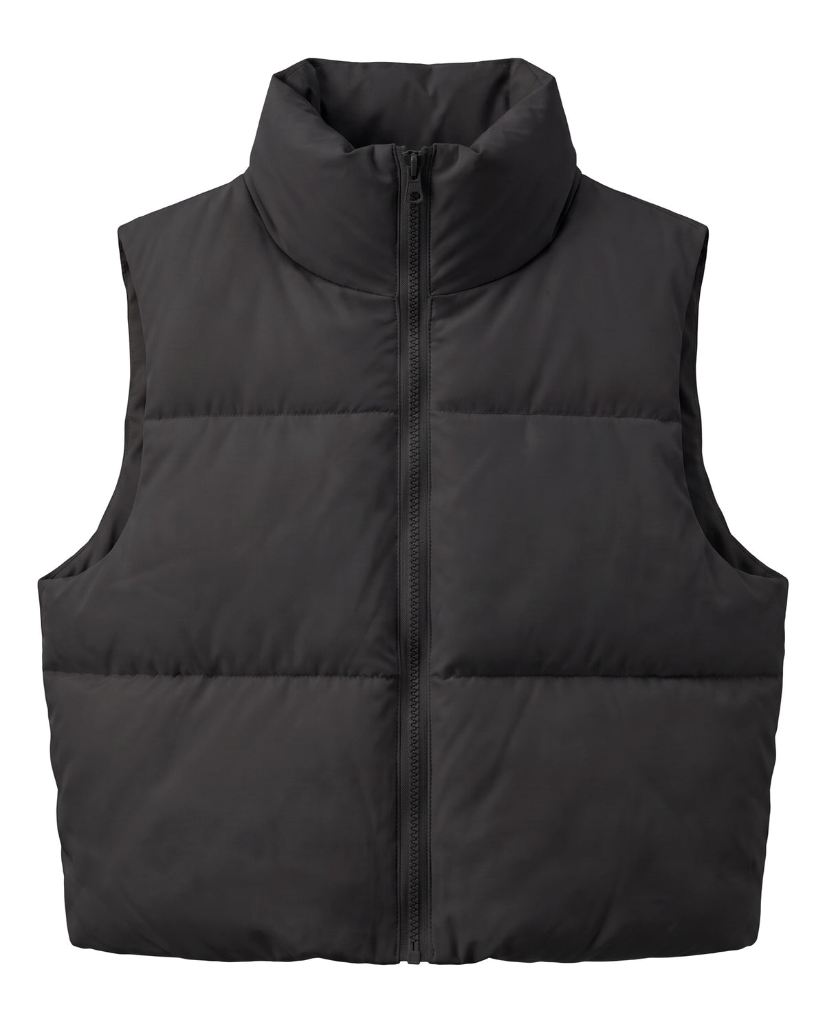 Black cropped puffer vest, front view