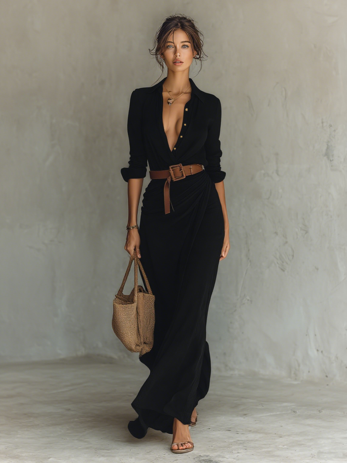 Adriana | Women's Lapel Belted Maxi Dress