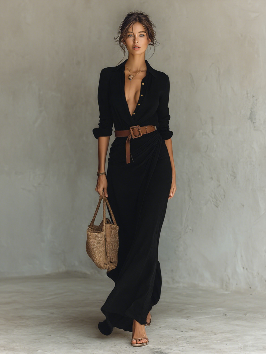 Adriana | Women's Lapel Belted Maxi Dress